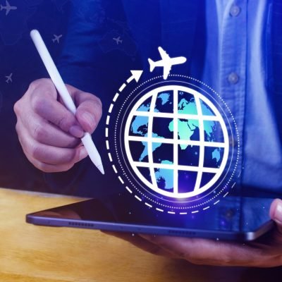 Travel insurance and business travel concepts, Booking airplane tickets on digital app or online travel insurance concept, protective gesture and icon of plane and globe.